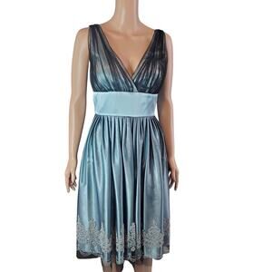 David's Bridal Y2K Dress Size 6 Peacock Blue Black Tulle Silver Beading HOCO
